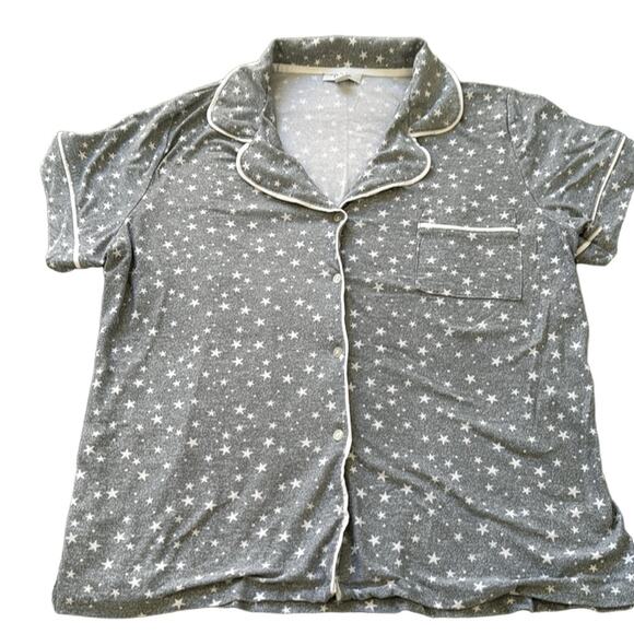 Roudelain Grey‎ Buttonup Collared Star Print Piped Edges  Shorts Pajama Set L - Picture 3 of 10